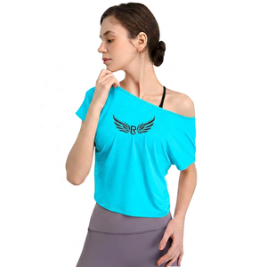 Women Plus Size Adults <b>Off</b>-<b>The</b>-<b>Shoulder</b> Yoga <b>Top</b> <b>Pink</b> Short Sleeve Loose Fit Breathable Solid with Wing Logo Front Print - Product Image 2