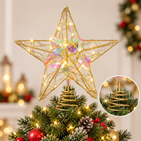 Décor de Noël : Étoile dorée à cinq branches pour le sommet de l'arbre, fonctionnant sur piles, avec centre en cristal holographique et LED blanc chaud