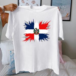 T-shirt pour femme en coton 100% à col rond, coupe confortable, imprimé par transfert thermique, motif du drapeau de la République dominicaine, tricot décontracté - Product Image 4