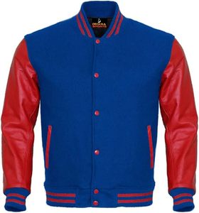 Veste universitaire en PU bleu et rouge pour homme, style preppy, col rabattu, boutons sur le devant, coupe régulière, vêtement d'automne - Product Image 1