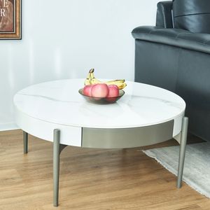 Modern <b>Round</b> <b>White</b> Real Wood Coffee <b>Table</b> with Drawers Metal Legs Golden Drum Coffee <b>Table</b> Circular Design - Product Image 2
