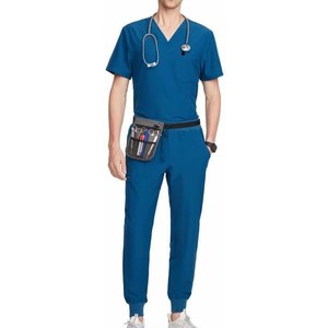Trending Nursing Suit Men <b>Blue</b> V-Neck <b>Scrub</b> Set Cotton Polyester Woven Hospital Uniforms Pants with Pockets - Product Image 4