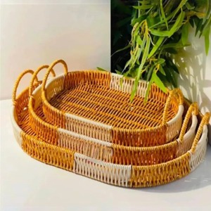 <b>Set</b> Of 3 Minimal Rattan Trays Perfect For Stylish Coffee <b>Serving</b> Snack Display Garden Use And Vanity Organization From India - Product Image 1