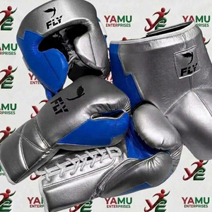 Ensemble de boxe Fly Silver Red Leather Lace Up : gants, casque, protège-glandes, équipement de protection - Product Image 6