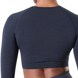 Navy Blue <b>Women's</b> Seamless Long Sleeve Crop <b>Top</b> <b>Compression</b> Gym Shirt Fitness Yoga Workout Activewear Stretch Athletic Training - Product Image 4
