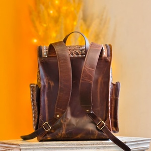 2026 New Arrival 100% Genuine <b>Leather</b> <b>Backpack</b> Brown Color Hand Tooled Florals Carved Bohemian Eco-Friendly Durable <b>Backpack</b> Bag - Product Image 3