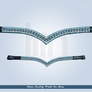 Fronture de cheval en cuir bleu aquamarine clair, confortable et élégante, avec cristaux Swarovski taillés carré, style V, pour l'extérieur - Product Image 2