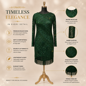 Women Emerald Green <b>Sequin</b> Fringe Mini Dress | Long Sheer Sleeve Round Neck Beaded Party Cocktail Evening Wedding Occasion - Product Image 5