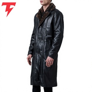 <b>Men's</b> Genuine <b>Leather</b> Eco-Friendly Feather Filled <b>Long</b> Down <b>Coat</b> Notched Lapel Single Breasted Overcoat Standard Winter Wear - Product Image 3