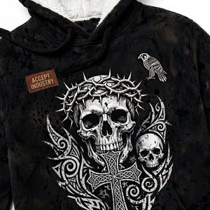 ACCEPT INDUSTRY New <b>Men's</b> Black Acid Wash <b>Sherpa</b> Lined Skull Cross Graphic <b>Hoodie</b> Gothic Style Fleece Winter Wear Hoody - Product Image 6