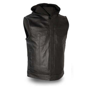 Classic Black <b>Leather</b> Hooded Vest for Men Street Style Biker <b>Sleeveless</b> <b>Jacket</b> with Dual Chest Pockets Quick Shipping - Product Image 5