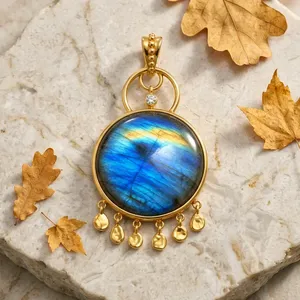 18K Gold Plated Natural Labradorite Pendant Necklace With CZ Accent And Teardrop Brass Charms Classic Women's Jewelry Necklace - Product Image 6