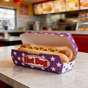 Caja de Papel Biodegradable y Ecológica para Hot Dogs, Hamburguesas y Pollo Frito, con Tapa y Bandeja, Diseño Personalizado - Product Image 1