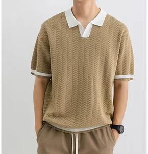 เสื้อโปโลถักแขนสั้นทรงเข้ารูปแฟชั่นผู้ชายสีพื้นระบายอากาศสำหรับฤดูร้อน - Product Image 5