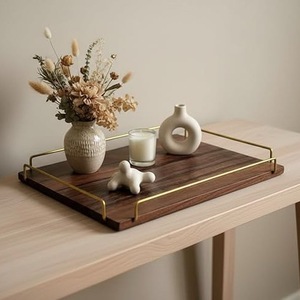 Luxury Acacia Wood Modern Eco-friendly Serving Tray with Gold Metal Handles Rectangular Ottoman Coffee <b>Table</b> Home Decor - Product Image 2