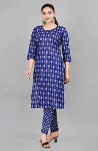 Ensemble Kurta Pantalon Long Formel en Tissu Oxford de Coton Imprimé Floral Bleu Marine Aarti Fashion, Séchage Rapide, Élégant, Vêtement Ethnique pour Femmes - Product Image 3