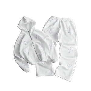 Unisex <b>White</b> Hooded Tracksuit Set Embossed Cross Design Full Zip Sweatshirt <b>Jogger</b> Pants Casual Loose Fit Autumn Wear - Product Image 1