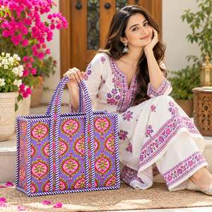 Bolso Tote de Lona con Paneles Estilo Bohemio, Asas a Rayas, Parte Superior Abierta, Bolso de Compras, Estilo de Moda para Todas las Temporadas - Product Image 2