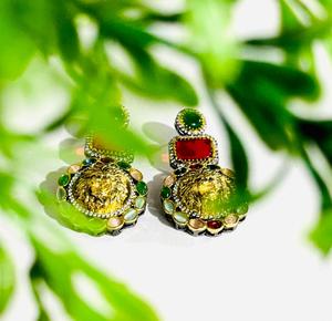 Luxury Sabyasachi Inspired Multicolor Lion Head <b>Cat</b> Eye Stone & Crystal Drop <b>Earrings</b> Gold Plated Statement Bridal Wedding Party - Product Image 3