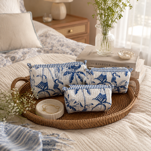 Ensemble de trousses de maquillage en coton à poignée souple, 3 pièces, rayées bleues, matelassées, avec fermeture éclair, pour femmes, idéal pour les voyages et comme coffret cadeau. - Product Image 2