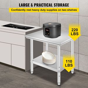 Table de préparation robuste 24 x 30 x 31 pouces, plan de travail en acier inoxydable, capacité de charge de 700 lb avec 3 niveaux de hauteur réglables - Product Image 4
