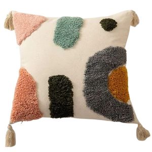 Coussin décoratif géométrique tufté carré style bohème avec broderie et pompons, design multicolore - Product Image 2