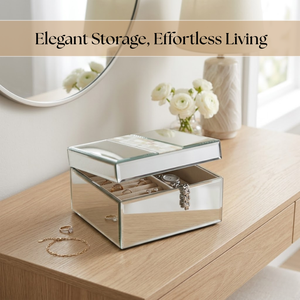 Luxury White <b>Mirrored</b> Glass Storage Box with Pearl Accent Lid |Premium Decorative Jewelry Organizer Case for <b>Vanity</b> Makeup Decor - Product Image 3