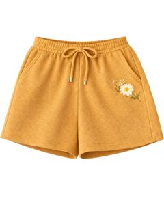 Conjunto de Top Corto Acanalado y Pantalones Cortos con Cordón para Mujer, Amarillo Mostaza con Bordado de Mariposa y Margarita, Estilo Casual de Dos Piezas - Product Image 3