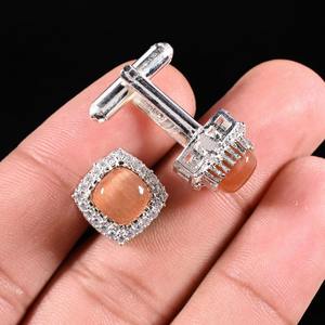 Mancuernillas con Gema de Citrino, Plateadas en Rodio, Regalo para Hombre, Elegantes para Bodas, Trajes Formales y de Negocios, Color Marrón - Product Image 2