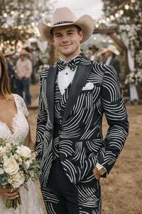 Costume de smoking noir imprimé pour homme, 3 pièces – Costume moderne de créateur pour mariage, soirée ou bal de promo avec revers en satin - Product Image 6