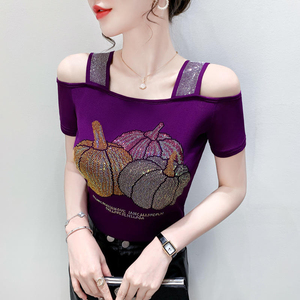 Camiseta de manga corta con lentejuelas y pedrería para mujer, top sexy para discoteca, negro, azul, de verano, tejido transpirable, cuello redondo - Product Image 6