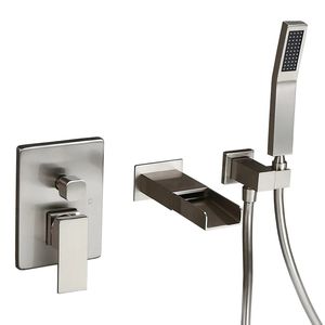 Grifo de bañera de latón macizo de montaje en pared de cascada moderna y ducha de mano con acabado de níquel cepillado - Product Image 5