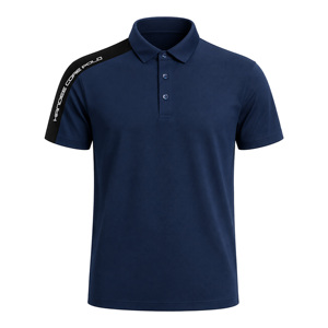 Polo de golf pour homme bleu marine à manches courtes, couleur unie, style décontracté, tissu tricoté respirant, coupe classique, logo sur la manche gauche - Product Image 1