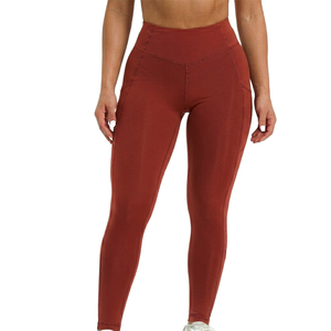 Pomegranate Color <b>Leggings</b> <b>with</b> <b>Pocket</b> High Waist Full Length Knitted Spandex Polyester Breathable Quick Dry Women's Activewear - Product Image 4