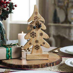 Rustic <b>Wooden</b> <b>Christmas</b> <b>Tree</b> Figurine Featuring Carved Snowflake Patterns And Jute Bow Accent For Festive Winter Home Decoration - Product Image 5