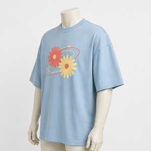 Camiseta de Manga Corta con Cuello Redondo Extra Grande para Hombre, Estampado Floral Azul Claro, Estilo Casual - Product Image 5