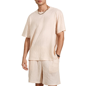 Ensemble T-shirt et short en coton pour homme, col rond, tricoté géométrique, tenue décontractée deux pièces, respirant, beige clair, vente en gros - Product Image 1