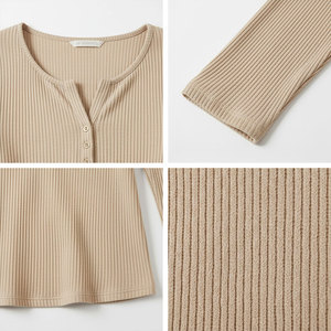 Women's Athleisure Ribbed Long Sleeve Top Snap Button Notch Neck Soft Stretch Fabric Custom <b>Label</b> OEM Wholesale Supplier - Product Image 5
