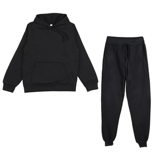 Chándal Unisex Negro con Capucha, Manga Larga, Color Sólido, Pantalones Deportivos Casuales con Bolsillos con Cordón, Algodón de Peso Medio, Ropa de Otoño - Product Image 1