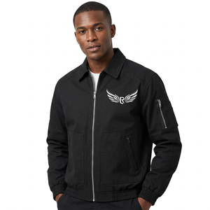 <b>Men's</b> Black Bomber <b>Jacket</b> Canvas Breathable Windproof with Logo Zipper Front Streetwear Style Autumn Wear - Product Image 3