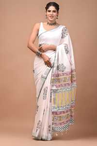 Sari en lin et coton imprimé au bloc pour femme avec pièce de chemisier assortie – Sari en lin et coton de qualité supérieure – Léger - Product Image 3