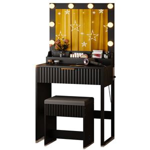 Black Particleboard 3-Compartment Dressing <b>Table</b> Set with 1 Drawer 8 Three-Tone Light Bulbs Power Strip Grille-<b>Makeup</b> Vanities - Product Image 6