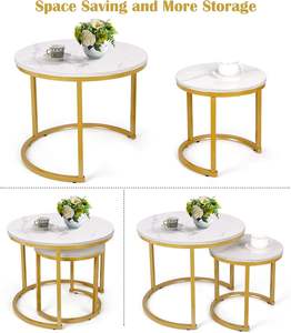 Table basse ronde blanche et or, tables d'appoint empilables aspect bois avec cadres métalliques robustes pour salon - Product Image 3