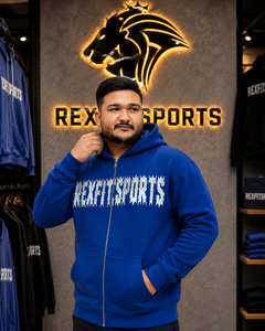 เสื้อฮู้ดซิปแบบเต็มตัว REXFITSPORTS 2026 สีน้ำเงินรอยัล รุ่นสั่งทำพิเศษ สำหรับทั้งชายและหญิง ผ้าฟลีซ สไตล์สตรีทแวร์ พร้อมลายกราฟิกขนาดใหญ่ด้านหน้า แบบสั่งทำส่วนตัว - Product Image 3