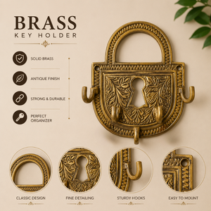 Vintage Brass Lock Shaped <b>Key</b> Holder <b>Wall</b> Mounted Decorative <b>Key</b> Rack with 5 <b>Hooks</b> Antique Organizer for Home Entryway Decor - Product Image 5