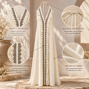 Vestido Maxi Boho Chic para Mujer, Color Crema, Cuello Halter, con Bordado Geométrico y Detalles de Flecos | Elegante Ropa de Playa sin Mangas para Verano - Product Image 5
