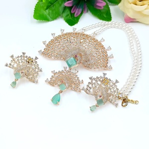Ensemble de pendentifs RAY FINE ORNATES en émeraude, pierre de lune et zircon cubique, style tendance fait main, certifié IGI, plaqué or, bijoux de mariée assortis - Product Image 2