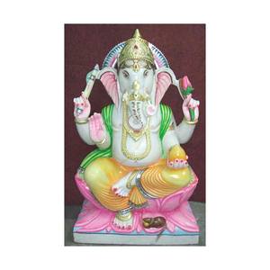Top Quality Beautiful Painted God Ganesh Ji White Marble Statue With Blessing Hand In Sitting Position For Worship In <b>Temple</b> - Product Image 4
