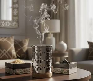 Brûleur d'encens carré en acier inoxydable Skies Trader, coupe dorée, encensoir Bakhoor, emblème floral, support pour charbon et parfum Oud - Product Image 6