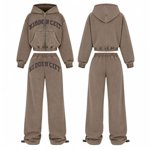 Survêtement marron à capuche pour femme, coupe ample, style décontracté, avec fermeture éclair intégrale, poches latérales et imprimé lettres - Product Image 1